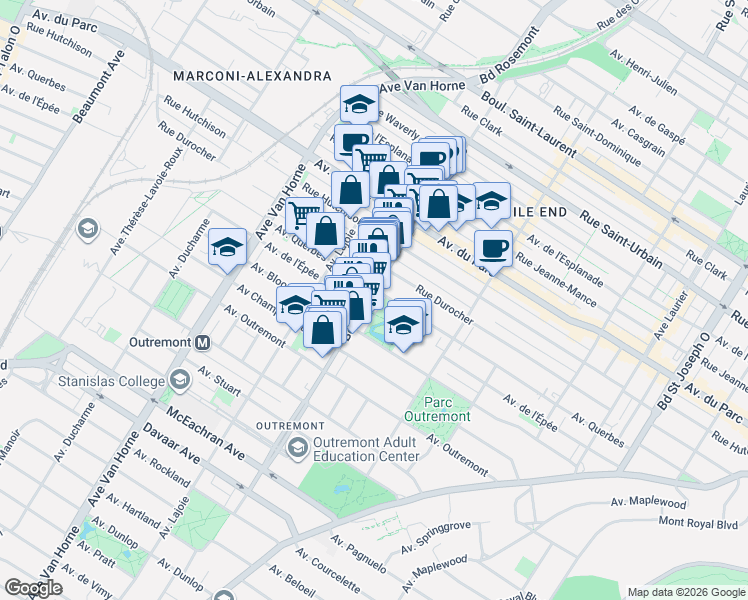 map of restaurants, bars, coffee shops, grocery stores, and more near 1120 Rue Bernard Ouest in Montréal