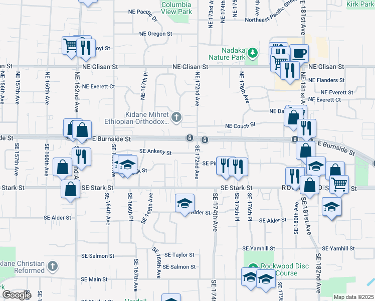 map of restaurants, bars, coffee shops, grocery stores, and more near 17105 Southeast Ankeny Street in Portland