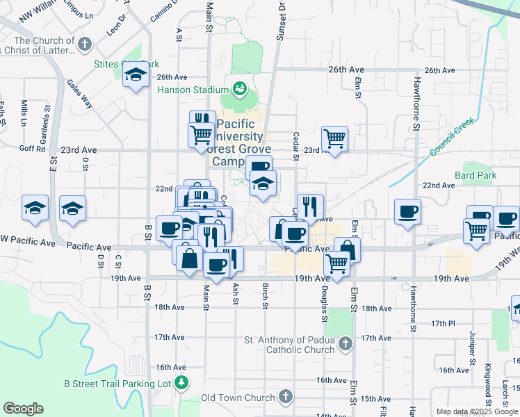map of restaurants, bars, coffee shops, grocery stores, and more near 2043 College Way in Forest Grove