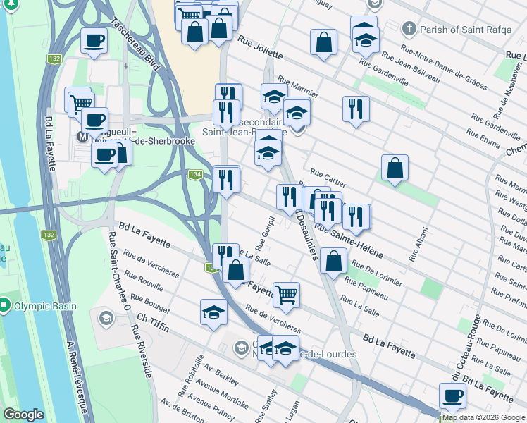 map of restaurants, bars, coffee shops, grocery stores, and more near 500 Rue Sainte-Hélène in Longueuil
