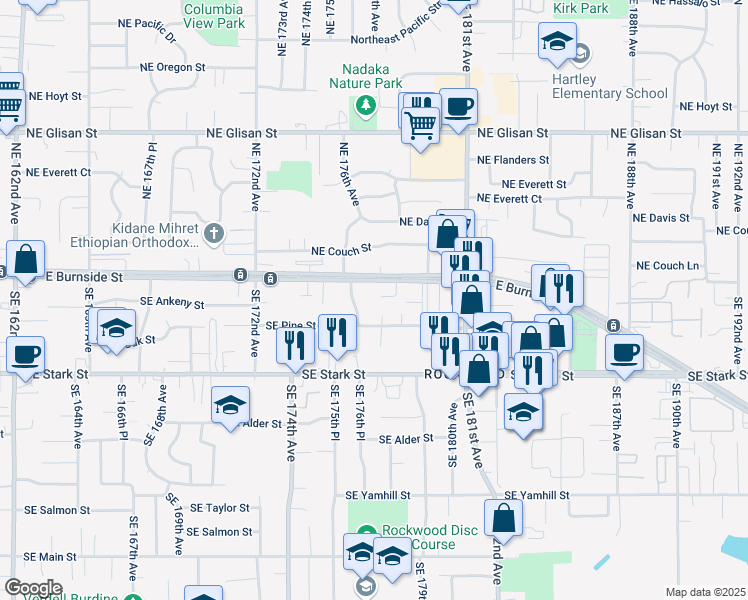 map of restaurants, bars, coffee shops, grocery stores, and more near 17675 Southeast Pine Street in Portland