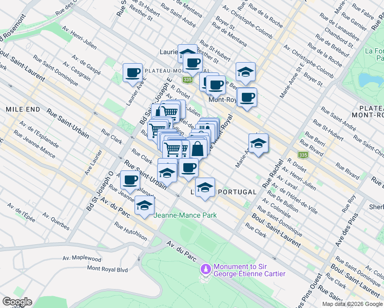 map of restaurants, bars, coffee shops, grocery stores, and more near 4540 Avenue Coloniale in Montréal