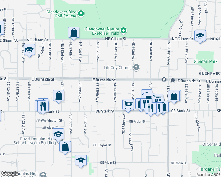 map of restaurants, bars, coffee shops, grocery stores, and more near 13 Southeast 141st Avenue in Portland