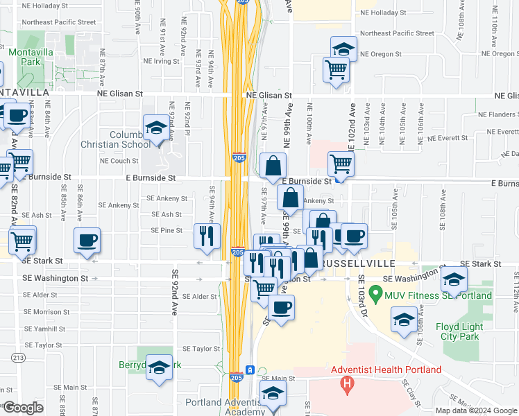 map of restaurants, bars, coffee shops, grocery stores, and more near 38 Southeast 97th Avenue in Portland