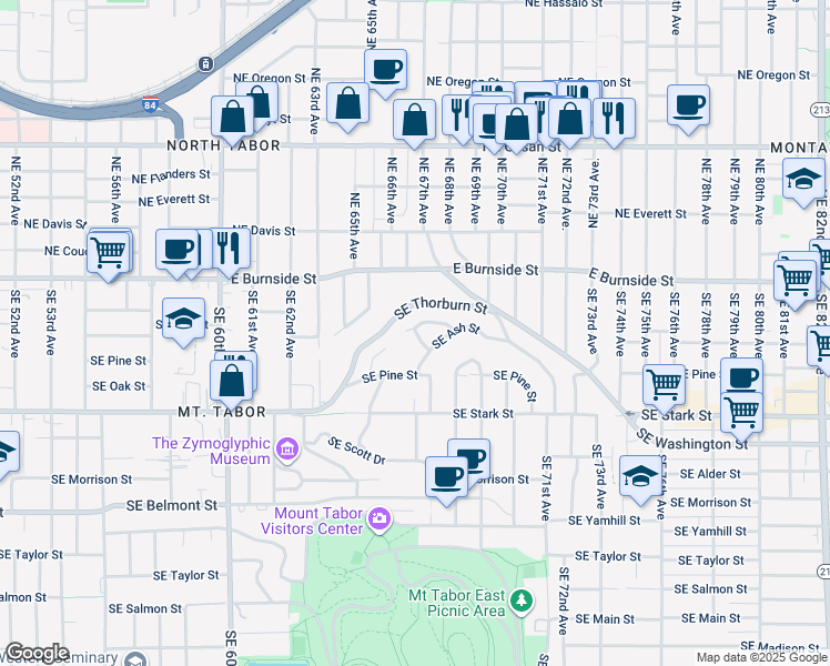 map of restaurants, bars, coffee shops, grocery stores, and more near 6605 Southeast Ash Place in Portland