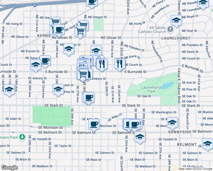 map of restaurants, bars, coffee shops, grocery stores, and more near 107 Southeast 30th Place in Portland