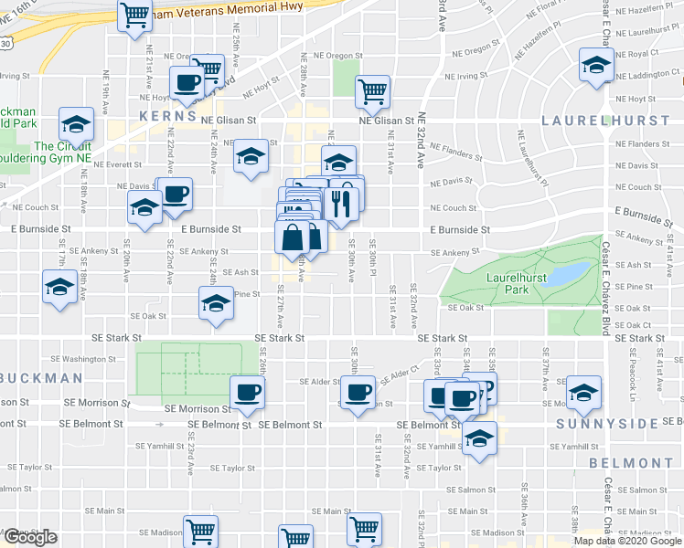 map of restaurants, bars, coffee shops, grocery stores, and more near 2912 Southeast Ankeny Street in Portland