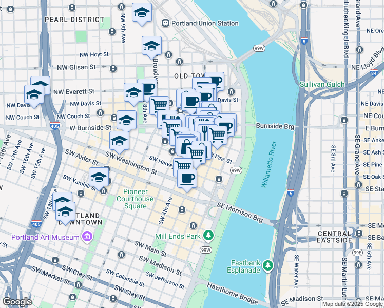 map of restaurants, bars, coffee shops, grocery stores, and more near 319 Southwest Pine Street in Portland
