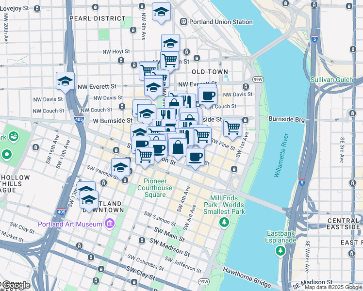 map of restaurants, bars, coffee shops, grocery stores, and more near in Portland