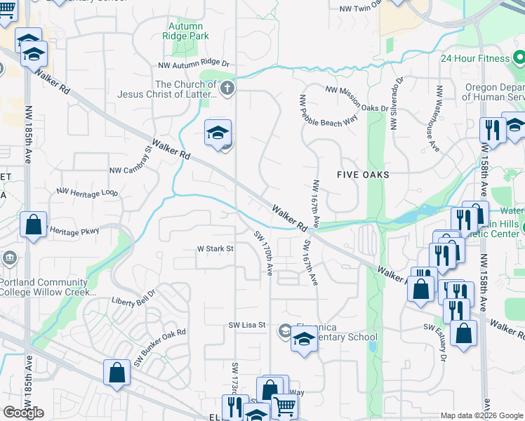 map of restaurants, bars, coffee shops, grocery stores, and more near 16990 Northwest Park Court in Beaverton
