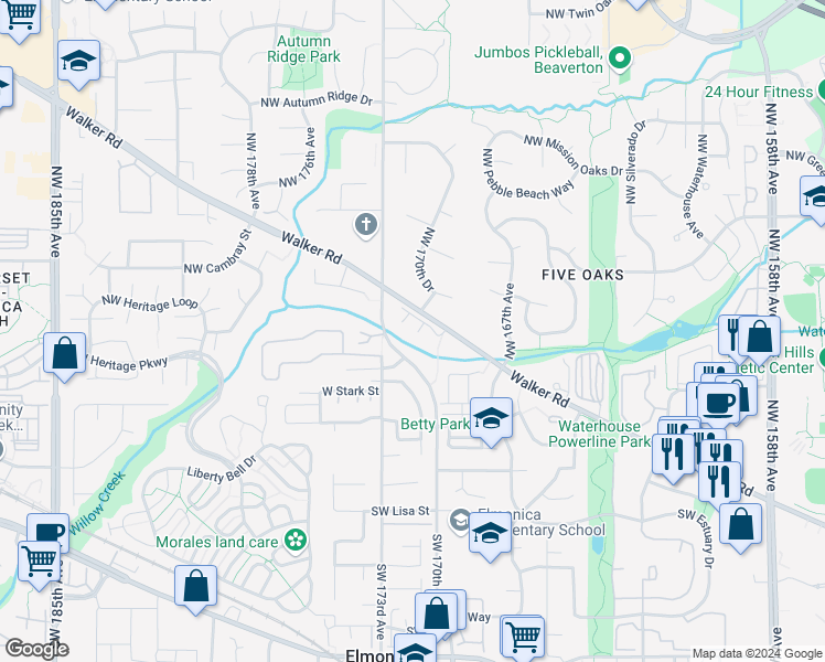 map of restaurants, bars, coffee shops, grocery stores, and more near 17126 Northwest Gables Creek Lane in Beaverton