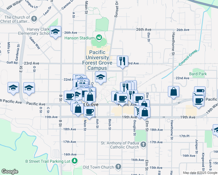 map of restaurants, bars, coffee shops, grocery stores, and more near 2043 College Way in Forest Grove
