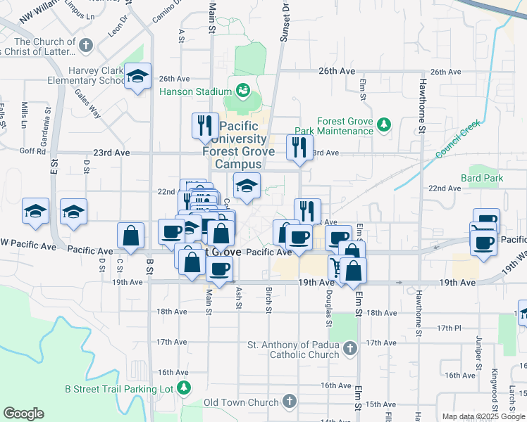 map of restaurants, bars, coffee shops, grocery stores, and more near 2164 Cedar Street in Forest Grove
