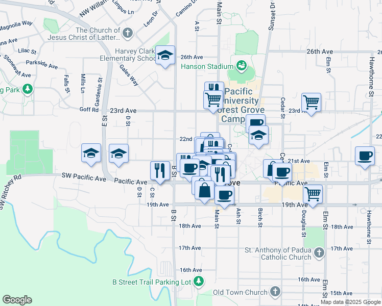 map of restaurants, bars, coffee shops, grocery stores, and more near 2138 A Street in Forest Grove