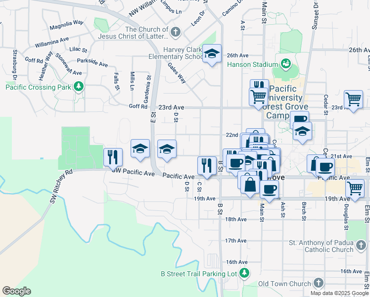 map of restaurants, bars, coffee shops, grocery stores, and more near 1626 22nd Avenue in Forest Grove