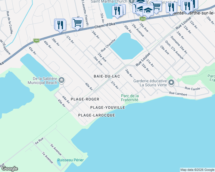 map of restaurants, bars, coffee shops, grocery stores, and more near 3200 Rue Roger in Sainte-Marthe-sur-le-Lac