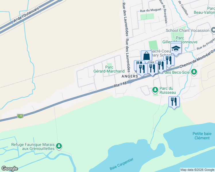 map of restaurants, bars, coffee shops, grocery stores, and more near 1405 Chemin de Montréal Ouest in Gatineau