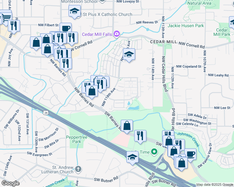 map of restaurants, bars, coffee shops, grocery stores, and more near 11795 Northwest Cedar Falls Drive in Portland
