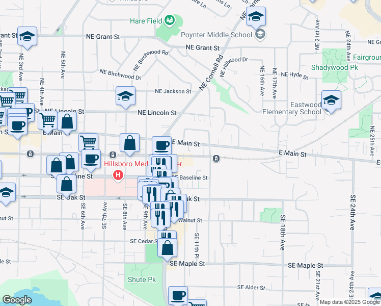 map of restaurants, bars, coffee shops, grocery stores, and more near 185 Southeast 11th Place in Hillsboro