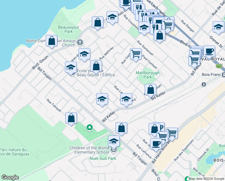 map of restaurants, bars, coffee shops, grocery stores, and more near 3351 Rue Savard in Montréal