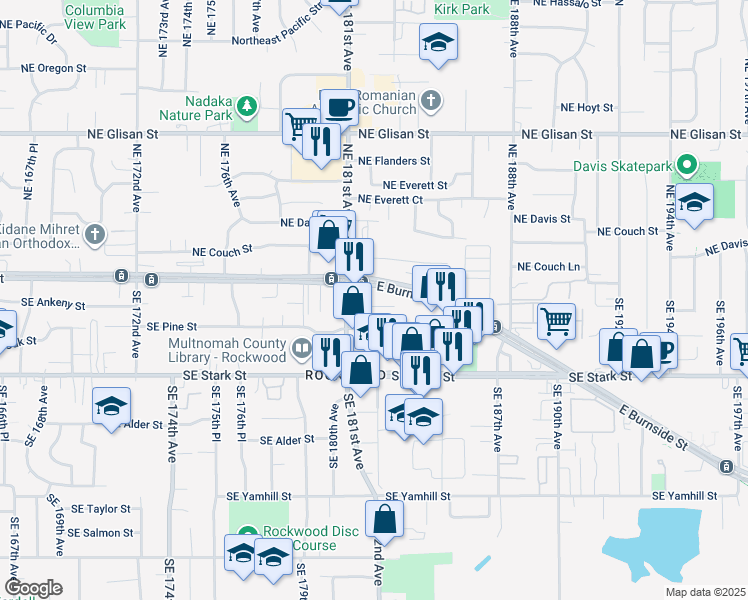 map of restaurants, bars, coffee shops, grocery stores, and more near 18151 Southeast Ash Street in Portland