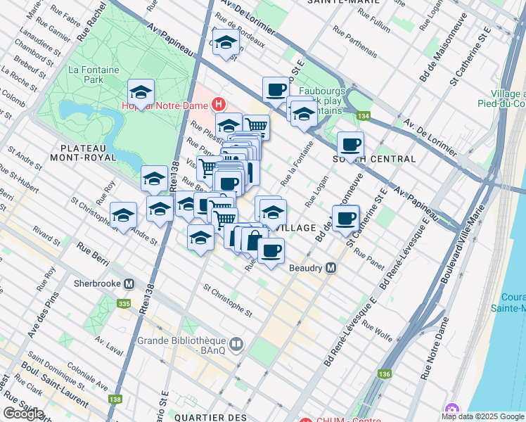 map of restaurants, bars, coffee shops, grocery stores, and more near 1825 Rue de la Visitation in Montreal