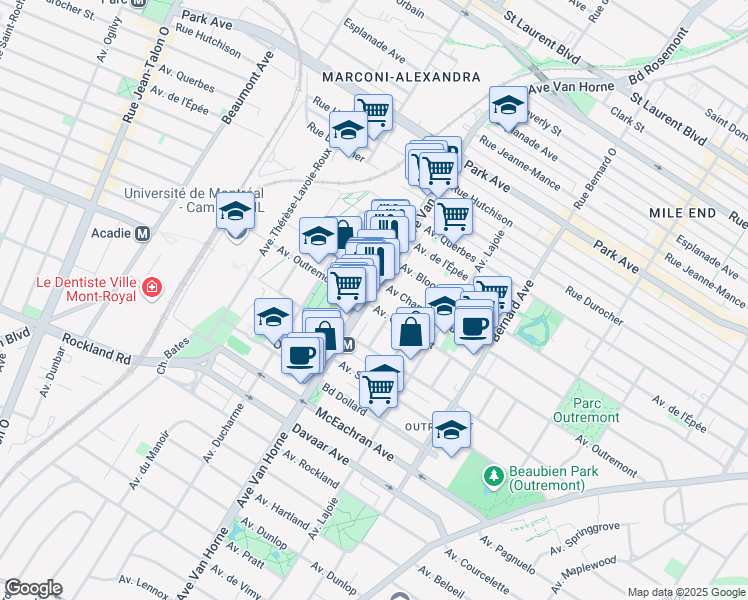 map of restaurants, bars, coffee shops, grocery stores, and more near 1269 Avenue Van Horne in Montréal