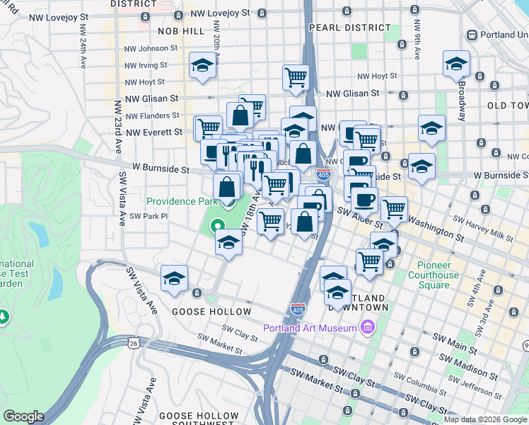 map of restaurants, bars, coffee shops, grocery stores, and more near 737 Southwest 17th Avenue in Portland