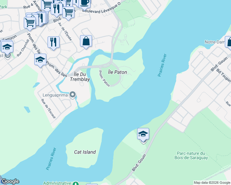 map of restaurants, bars, coffee shops, grocery stores, and more near 4540 Promenade Paton in Laval