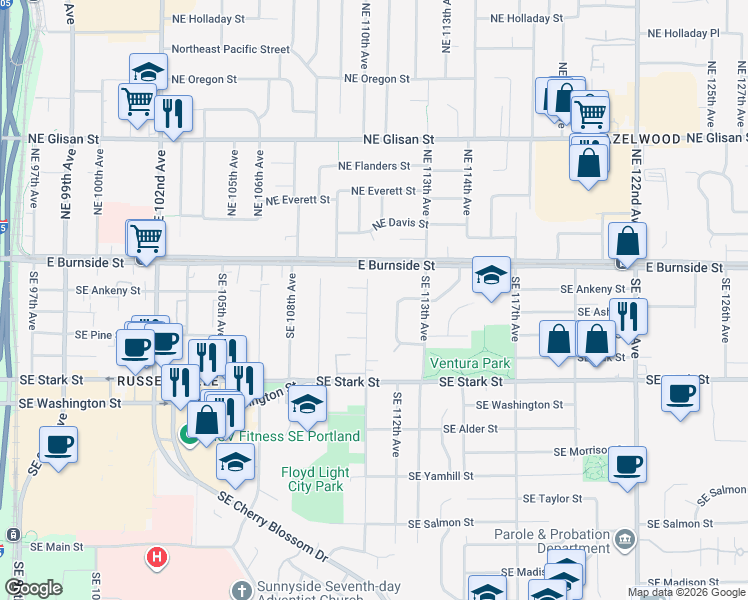 map of restaurants, bars, coffee shops, grocery stores, and more near 11278 Southeast Pine Court in Portland
