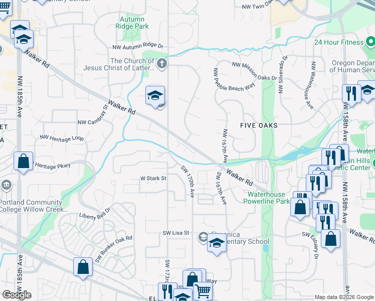 map of restaurants, bars, coffee shops, grocery stores, and more near 16990 Northwest Park Court in Beaverton