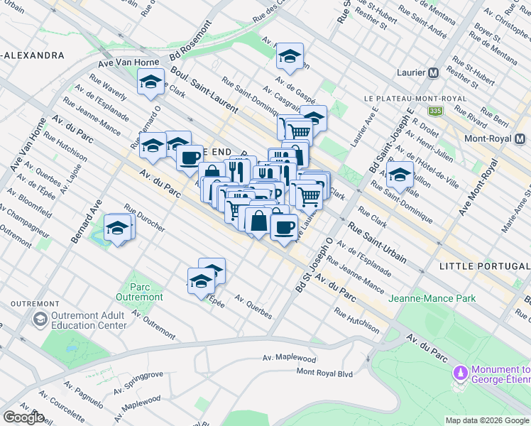 map of restaurants, bars, coffee shops, grocery stores, and more near 203 Avenue Fairmount Ouest in Montréal