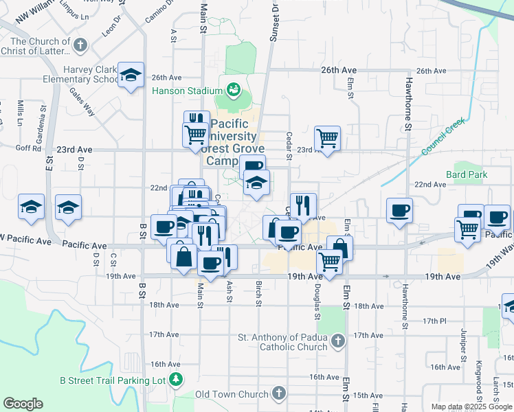 map of restaurants, bars, coffee shops, grocery stores, and more near 2043 College Way in Forest Grove