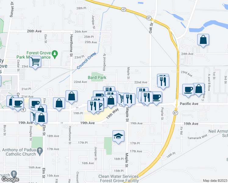 map of restaurants, bars, coffee shops, grocery stores, and more near 2114 Laurel Street in Forest Grove