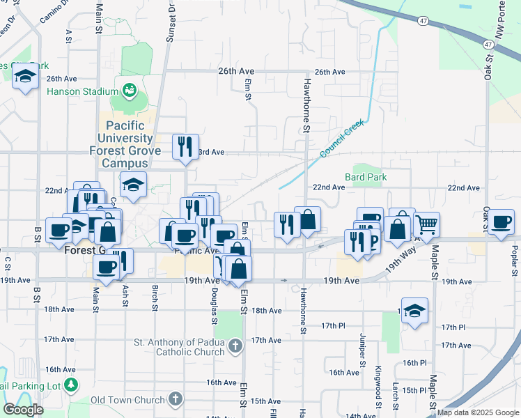 map of restaurants, bars, coffee shops, grocery stores, and more near 2532 Green Court in Forest Grove