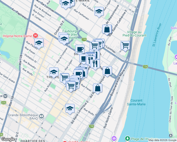 map of restaurants, bars, coffee shops, grocery stores, and more near 1575 Rue Gareau in Montréal