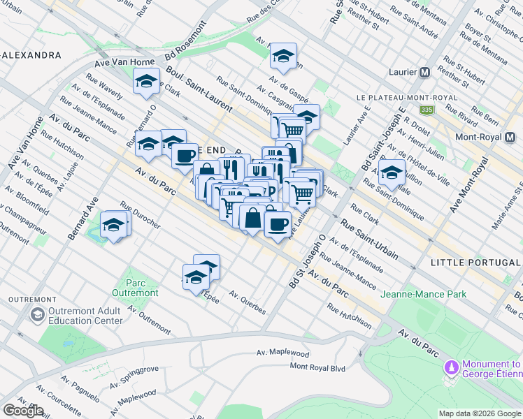 map of restaurants, bars, coffee shops, grocery stores, and more near 203 Avenue Fairmount Ouest in Montréal
