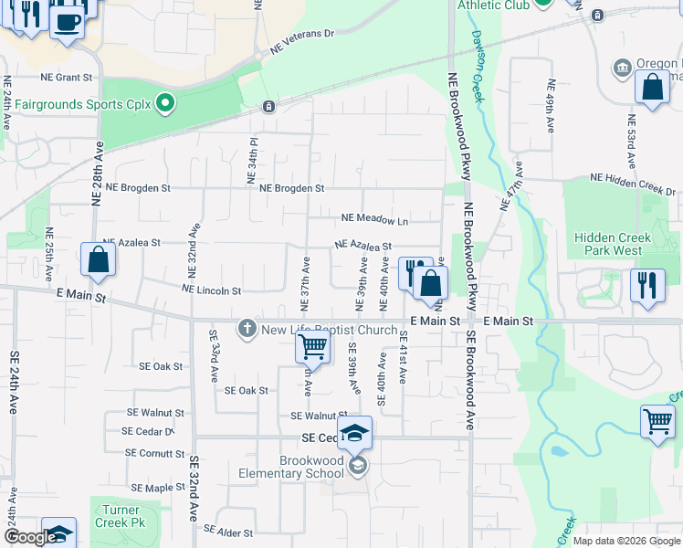 map of restaurants, bars, coffee shops, grocery stores, and more near 168 Northeast 38th Avenue in Hillsboro