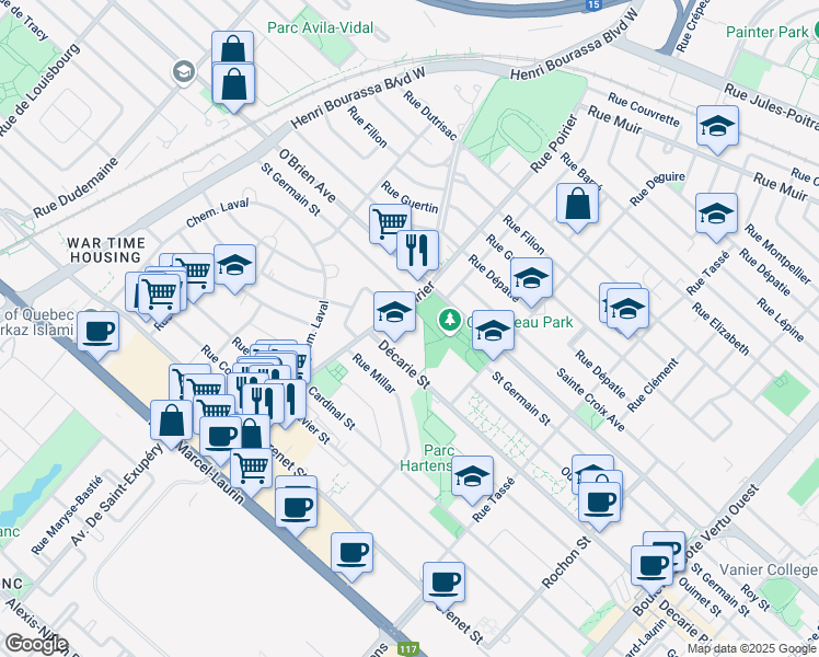 map of restaurants, bars, coffee shops, grocery stores, and more near 1450 Rue Poirier in Montréal