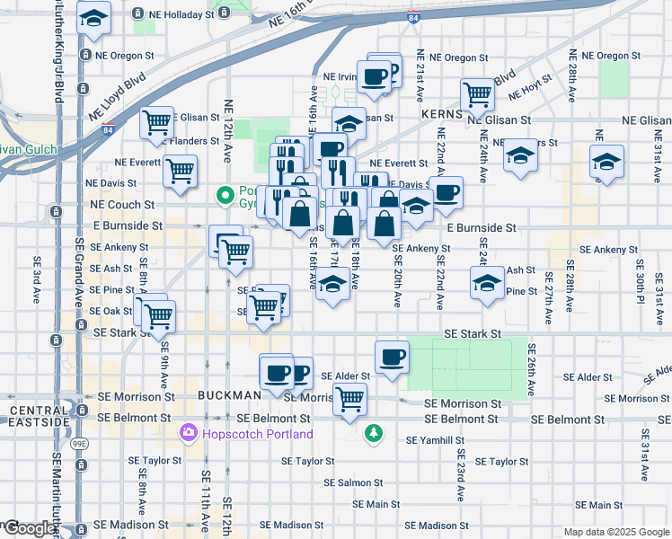map of restaurants, bars, coffee shops, grocery stores, and more near 1705 Southeast Ash Street in Portland