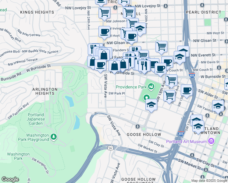 map of restaurants, bars, coffee shops, grocery stores, and more near 21 Southwest Saint Clair Avenue in Portland