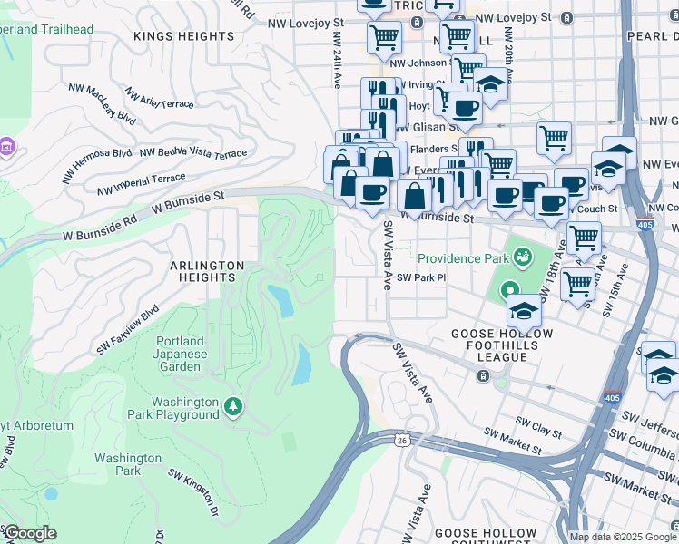 map of restaurants, bars, coffee shops, grocery stores, and more near 2393 Southwest Park Place in Portland