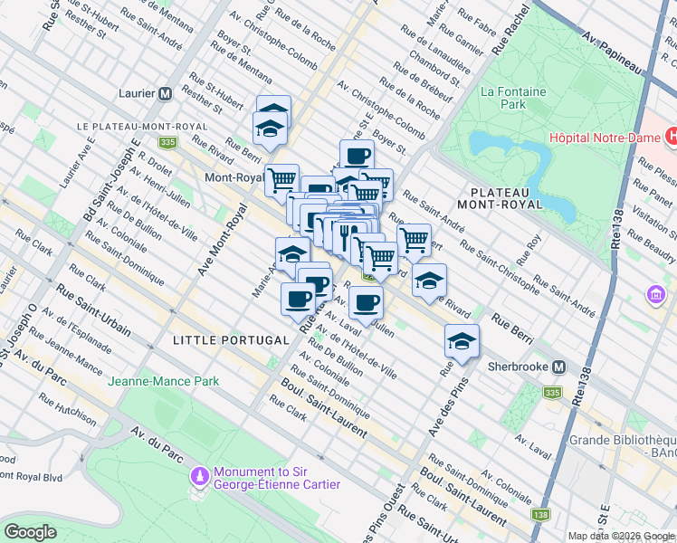 map of restaurants, bars, coffee shops, grocery stores, and more near 367 Rue Rachel Est in Montréal