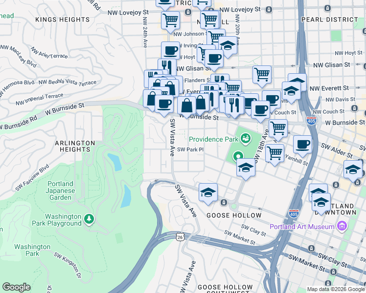 map of restaurants, bars, coffee shops, grocery stores, and more near 2211 Southwest Park Place in Portland