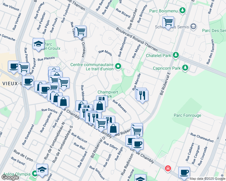 map of restaurants, bars, coffee shops, grocery stores, and more near 3085 Rue Moreau in Longueuil