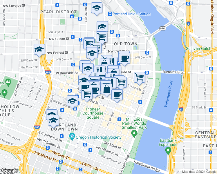 map of restaurants, bars, coffee shops, grocery stores, and more near 300 Southwest 6th Avenue in Portland