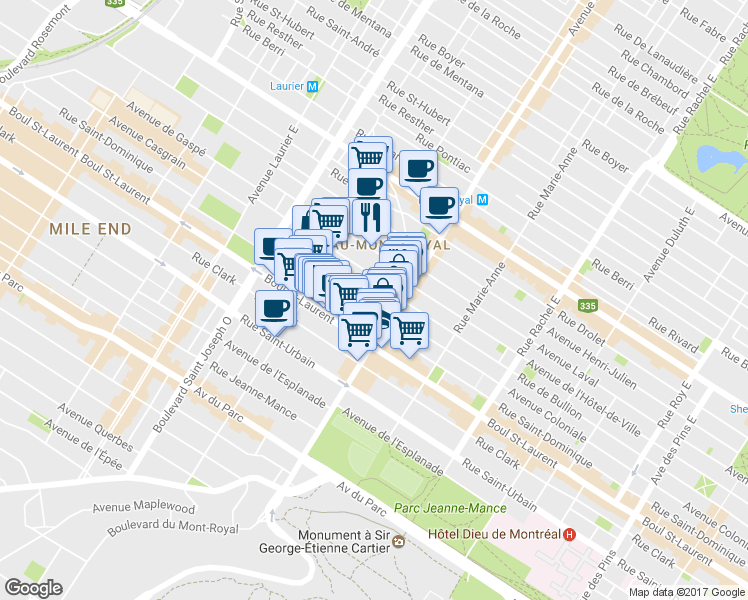 map of restaurants, bars, coffee shops, grocery stores, and more near 4540 Avenue Coloniale in Montréal