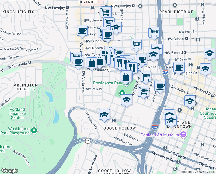 map of restaurants, bars, coffee shops, grocery stores, and more near 911 Southwest 21st Avenue in Portland