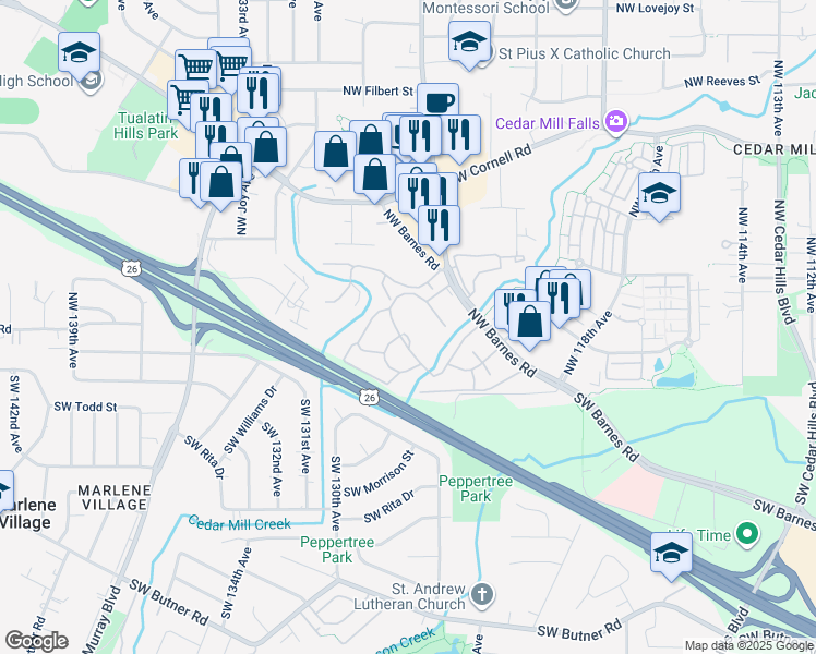 map of restaurants, bars, coffee shops, grocery stores, and more near 12450 Northwest Barnes Road in Portland