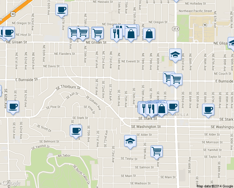 map of restaurants, bars, coffee shops, grocery stores, and more near 102 Southeast 73rd Avenue in Portland
